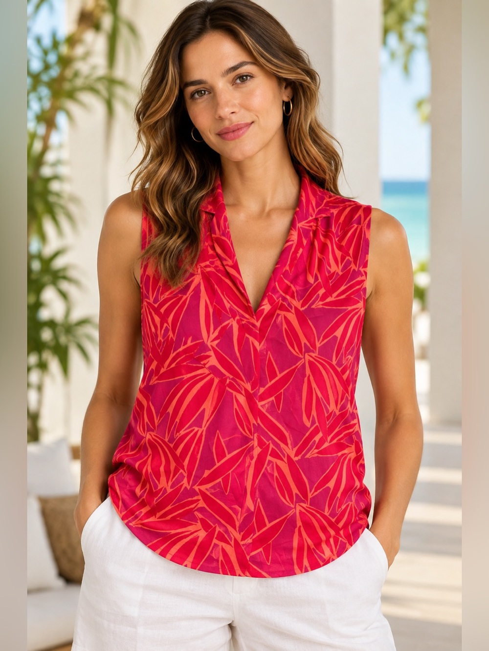 Sleeveless V-Neck Red Leaf Print Women's Top small